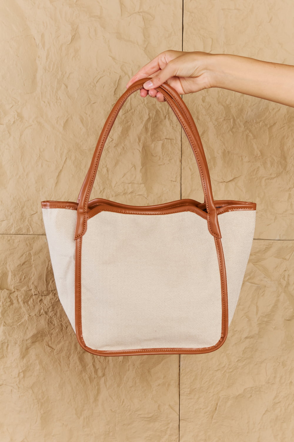 Beach Chic Faux Leather Trim Tote Bag in Ochre