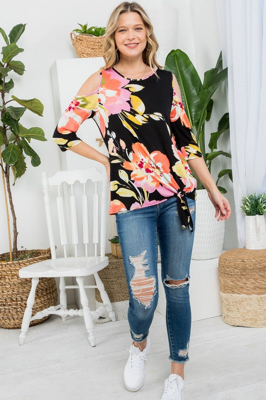 PLUS FLORAL COLD SHOULDER TOP