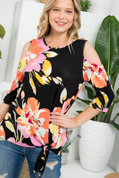 PLUS FLORAL COLD SHOULDER TOP