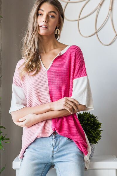 Contrast Waffle-Knit Half Sleeve Blouse