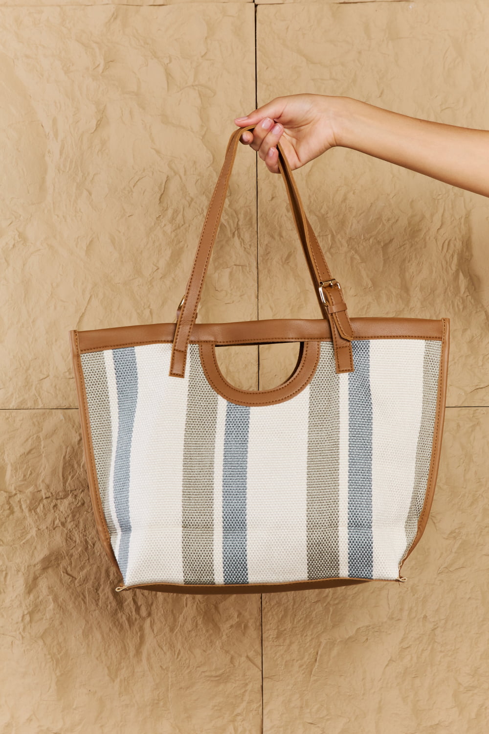 Striped In The Sun Faux Leather Trim Tote Bag