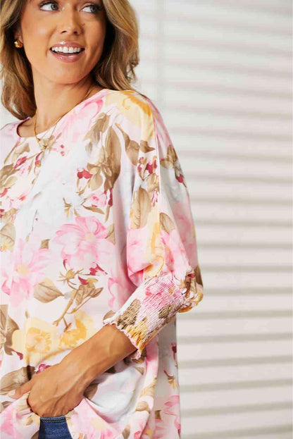 Floral Round Neck Three-Quarter Sleeve Top