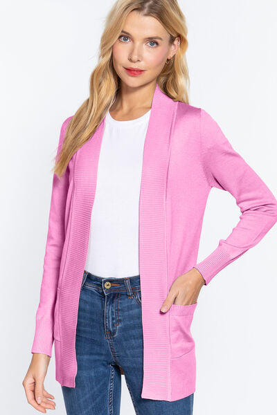 Ribbed Trim Open Front Cardigan