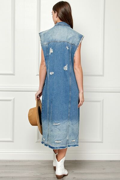 Distressed Sleeveless Longline Denim Jacket