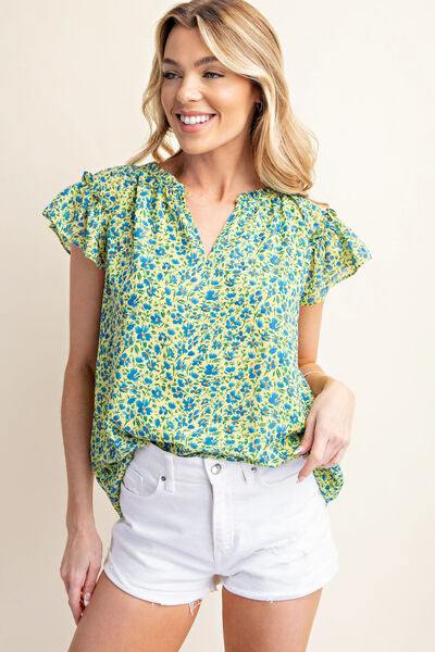 Floral Notched Ruffled Cap Sleeve Blouse