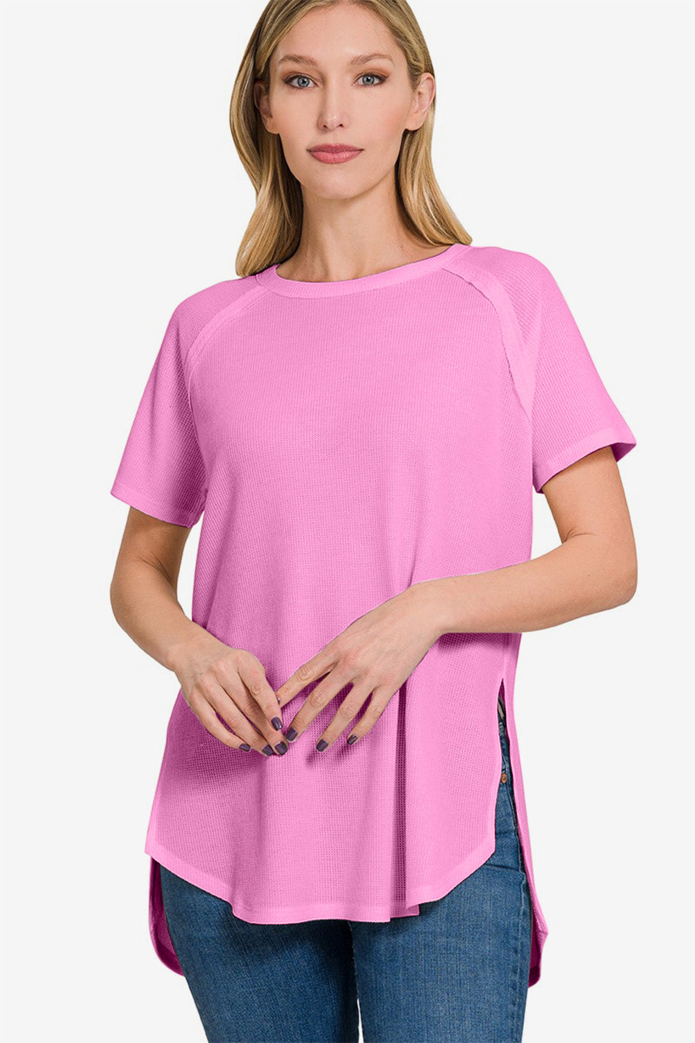 Slit Round Neck Short Sleeve Waffle Top