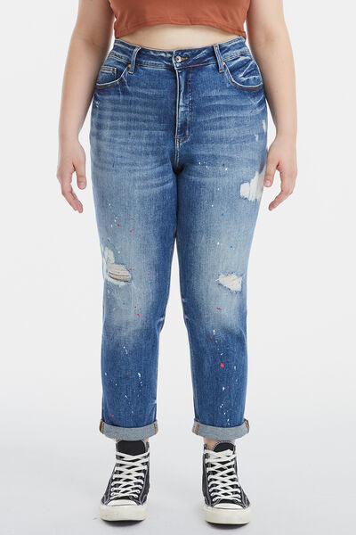 BAYEAS High Waist Distressed Paint Splatter Pattern Mom Jeans