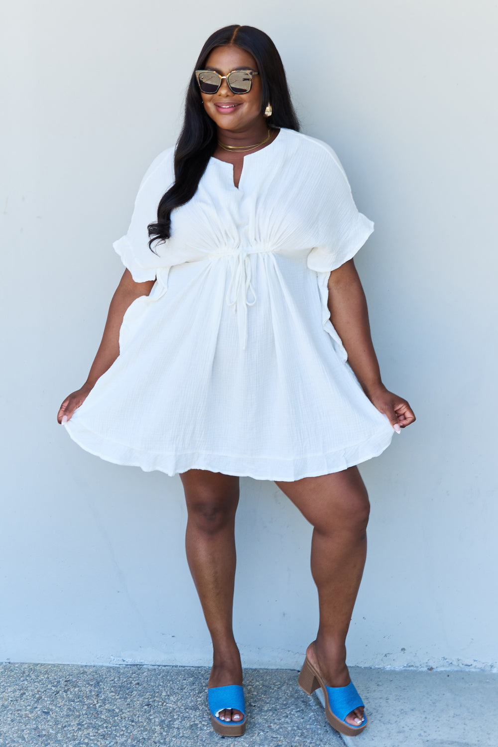 Out Of Time Ruffle Hem Dress with Drawstring Waistband in White