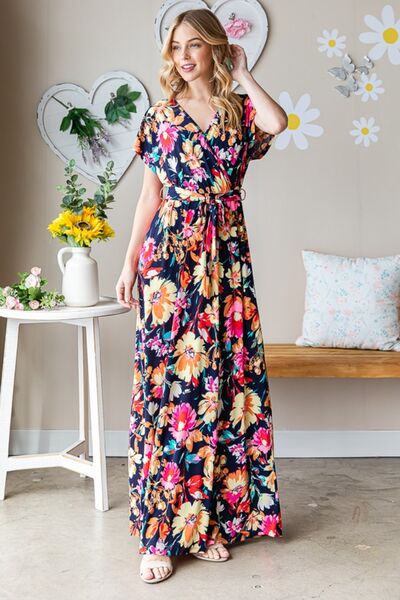 Floral Surplice Tie Waist Maxi Dress