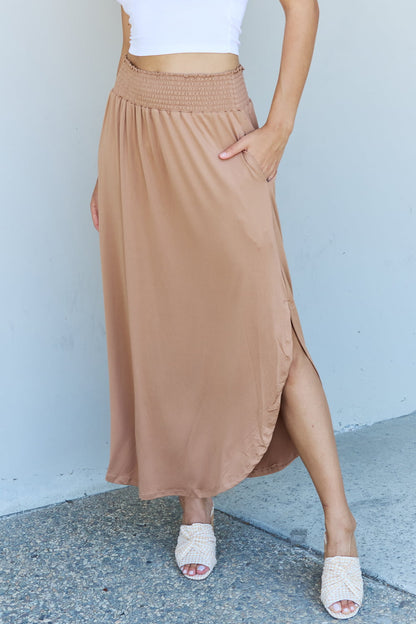 Comfort Princess High Waist Scoop Hem Maxi Skirt in Tan