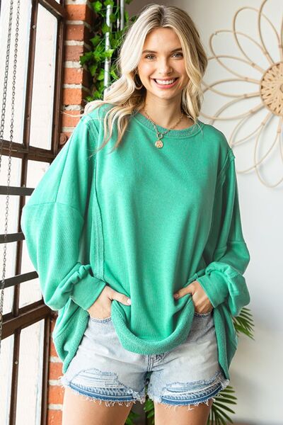 Exposed Seam Round Neck Dropped Shoulder Blouse