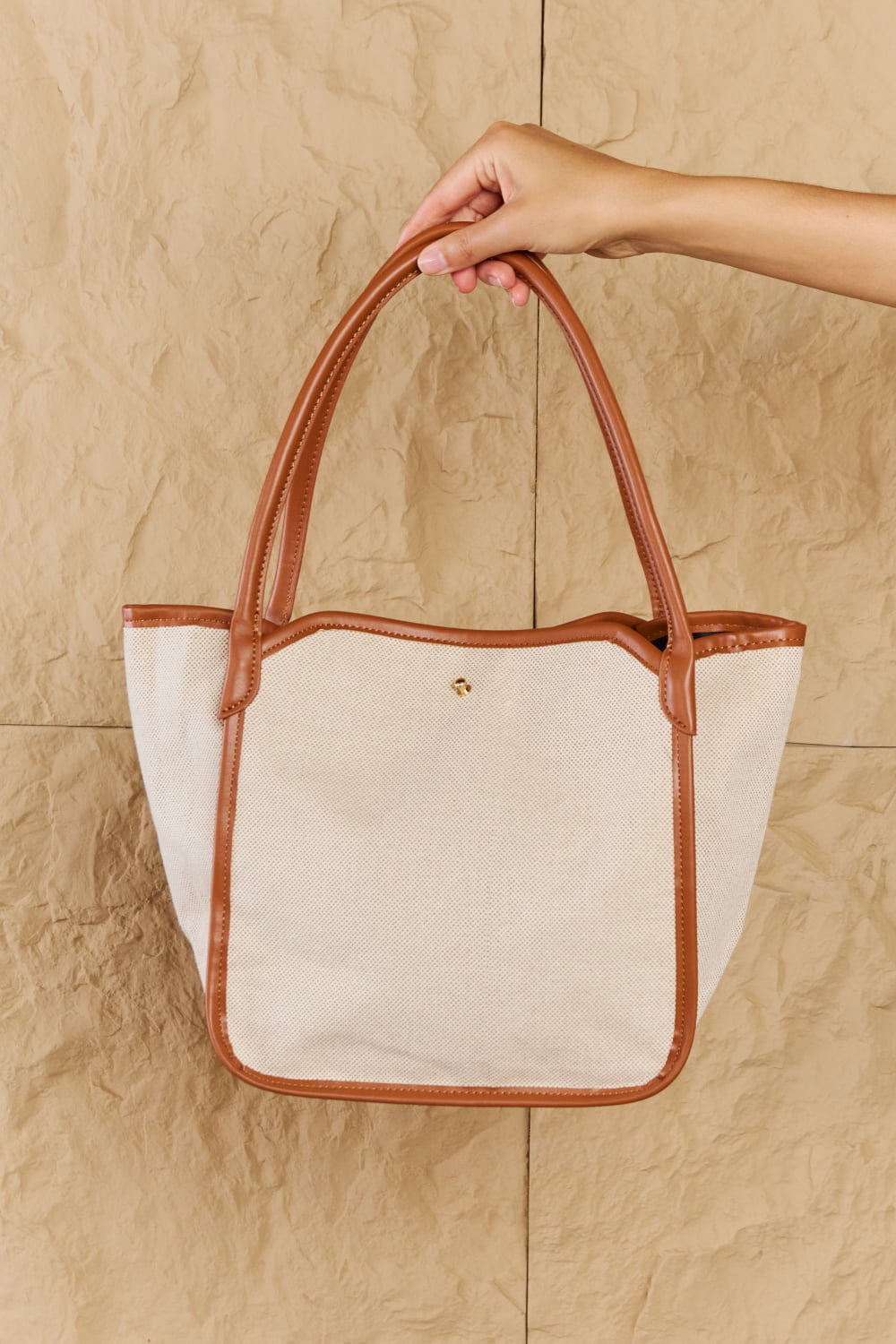 Beach Chic Faux Leather Trim Tote Bag in Ochre