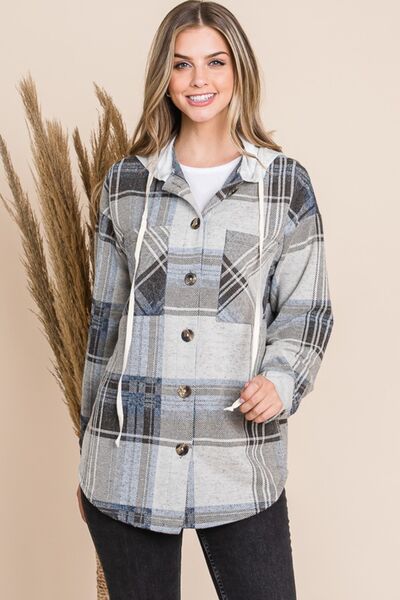 Plaid Button Up Drawstring Hooded Jacket