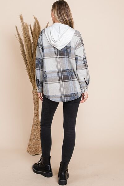 Plaid Button Up Drawstring Hooded Jacket