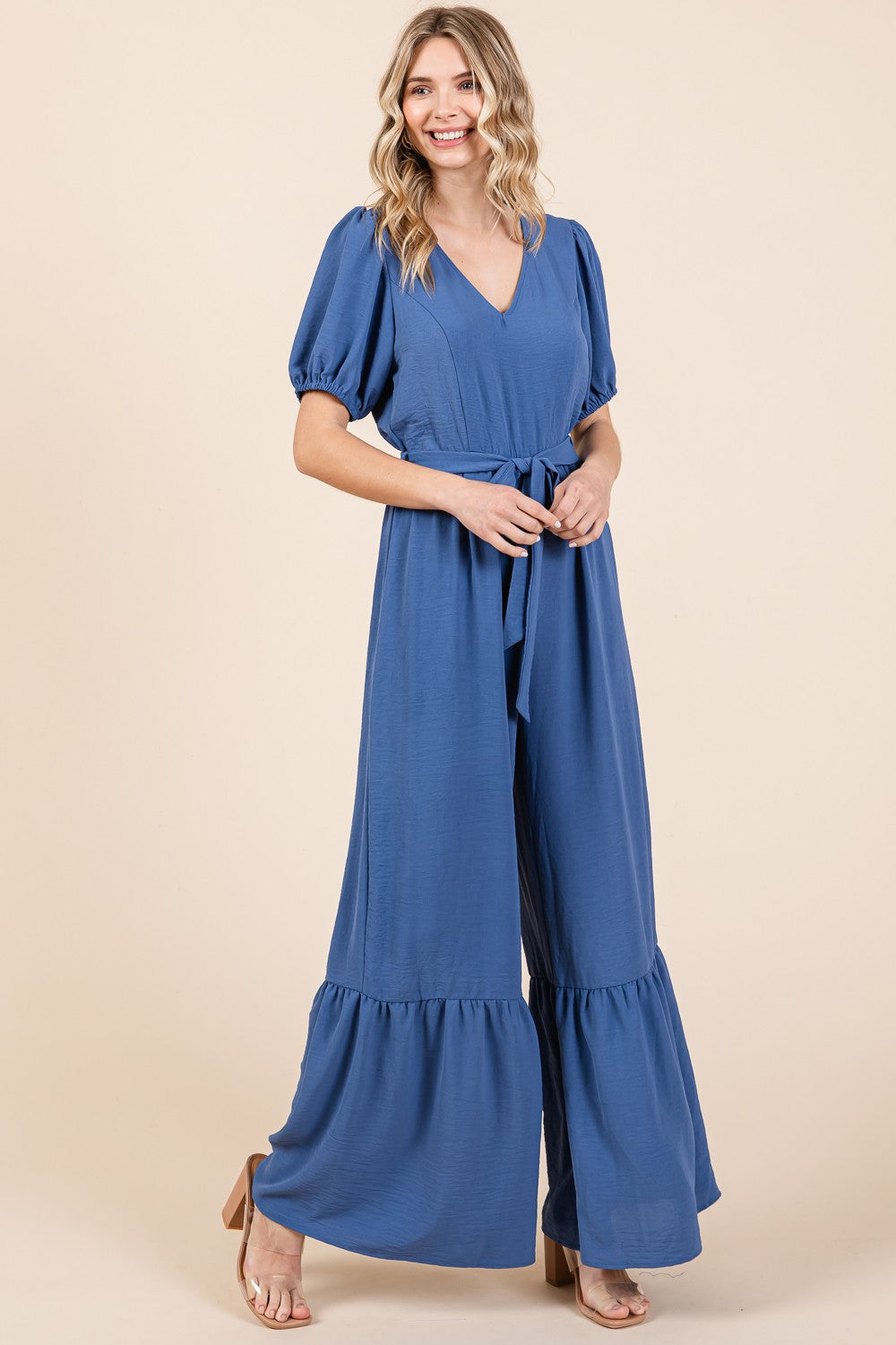 V-Neck Belted Wide Leg Jumpsuit