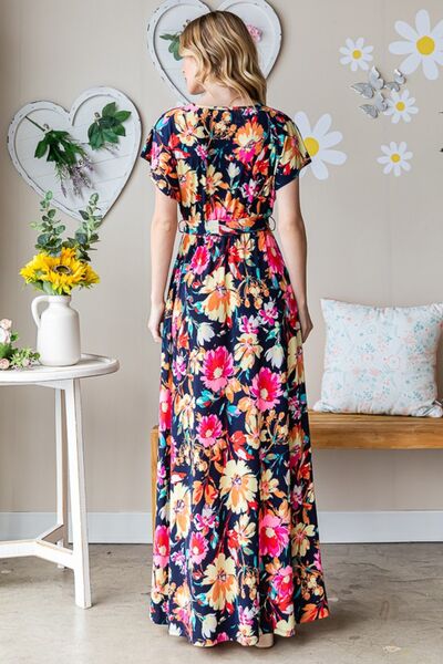 Floral Surplice Tie Waist Maxi Dress