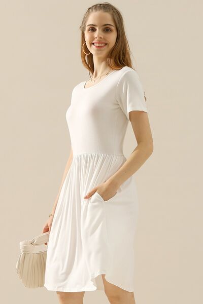 Round Neck Ruched Dress with Pockets