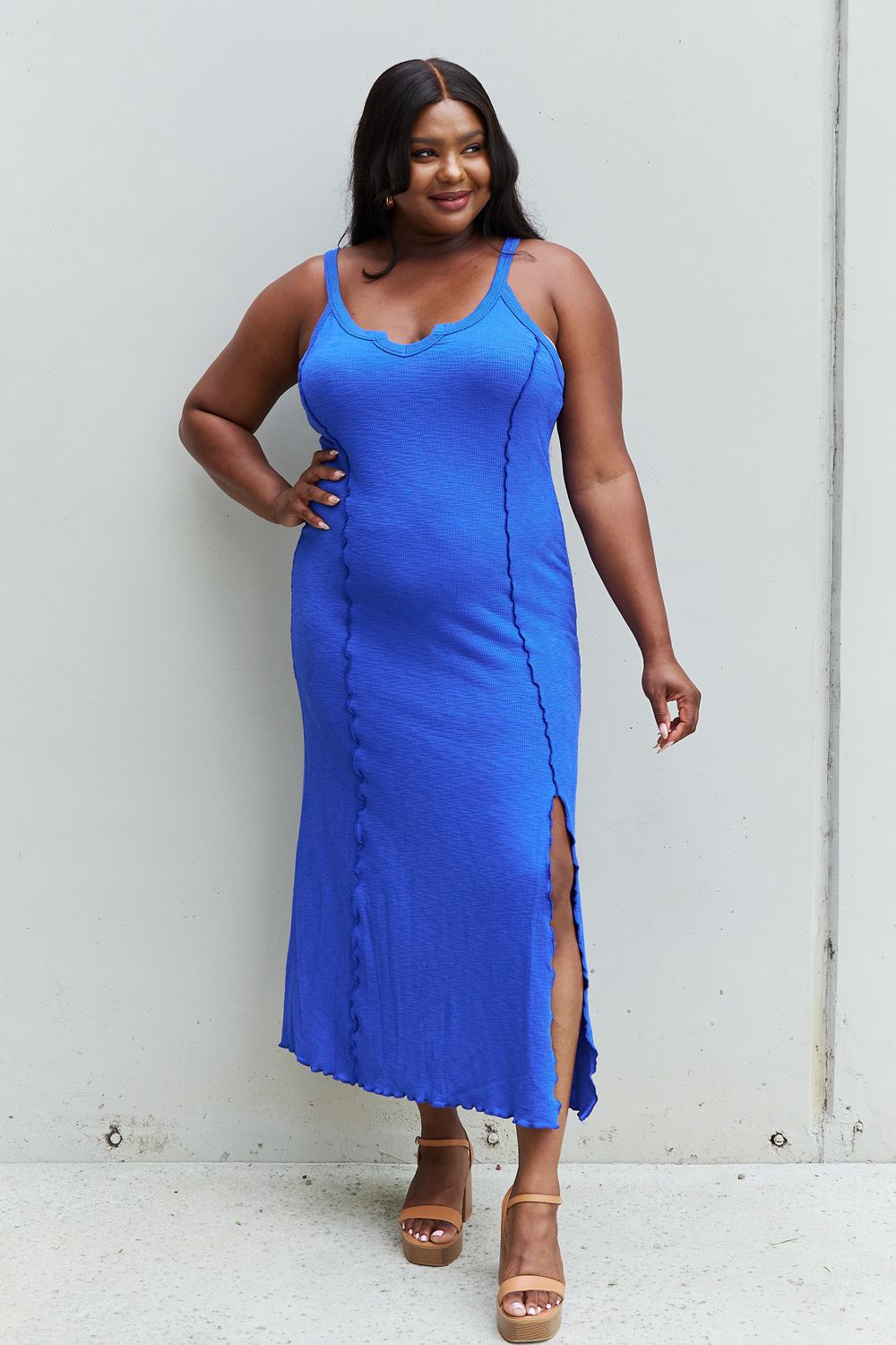 Look At Me Notch Neck Maxi Dress with Slit in Cobalt Blue