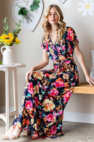 Floral Surplice Tie Waist Maxi Dress