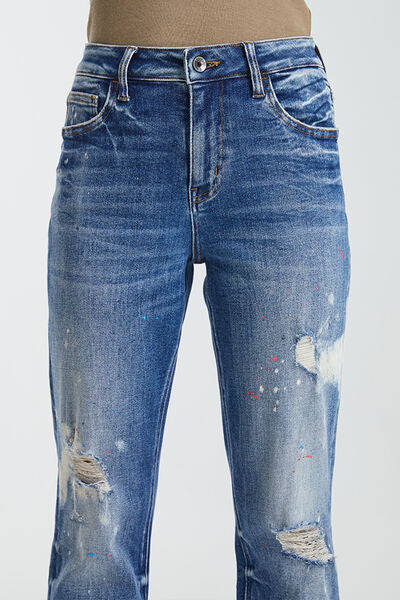 BAYEAS High Waist Distressed Paint Splatter Pattern Mom Jeans