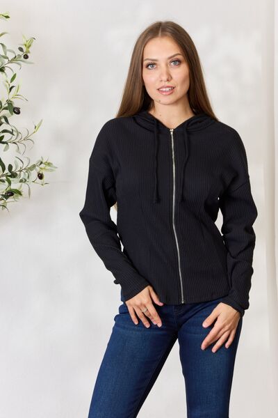 Ribbed Zip Up Drawstring Hooded Jacket