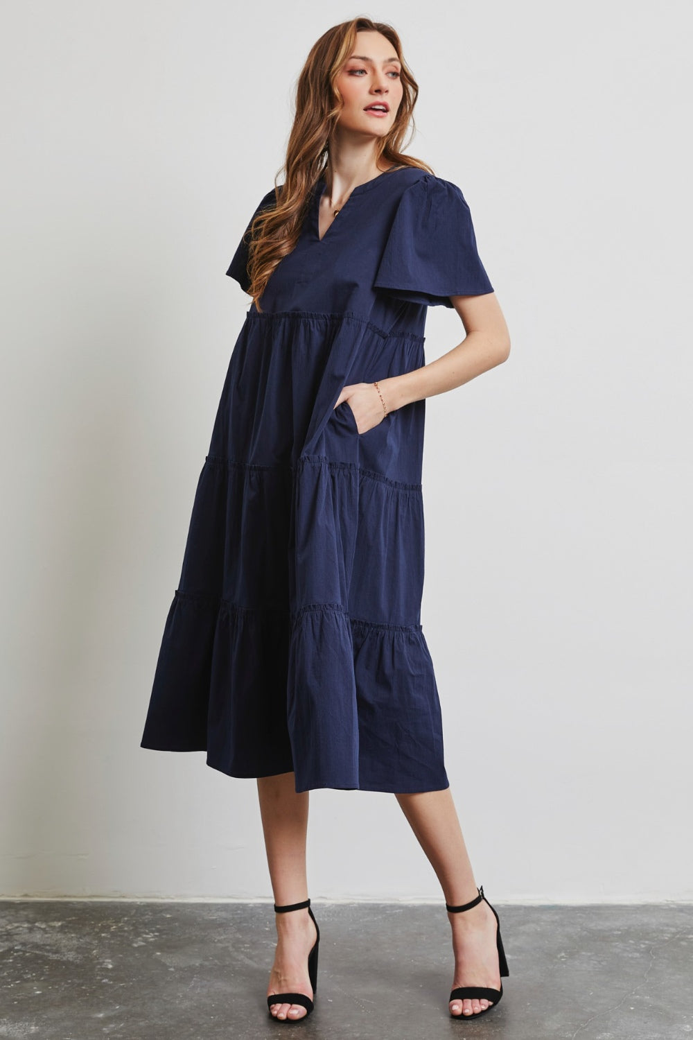 Cotton Poplin Ruffled Tiered Midi Dress