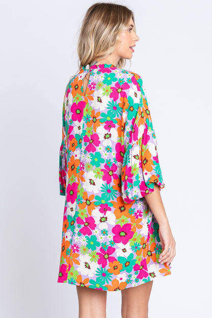 Floral Round Neck Lantern Sleeve Mini Dress