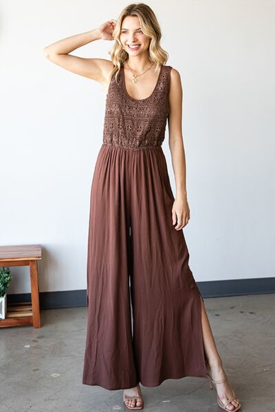 Tie Back Sleeveless Slit Wide Leg Jumpsuit