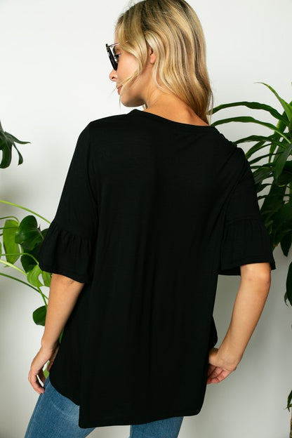 PLUS SOLID RUFFLE SLEEVE LOOSE TOP