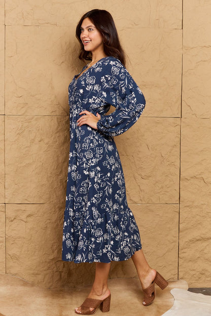 Night Out Balloon Sleeve Floral Midi Dress