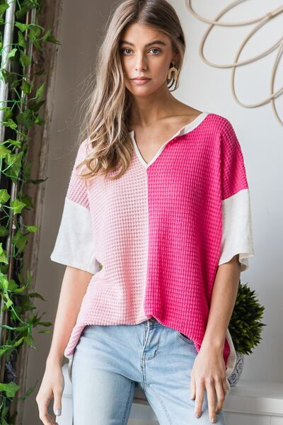 Contrast Waffle-Knit Half Sleeve Blouse