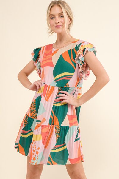 Printed Double Ruffle Sleeve Dress