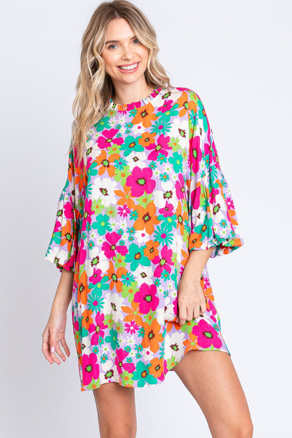 Floral Round Neck Lantern Sleeve Mini Dress