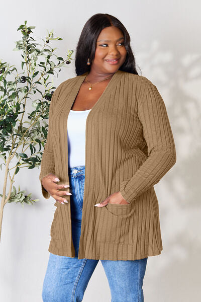 Ribbed Open Front Cardigan with Pockets