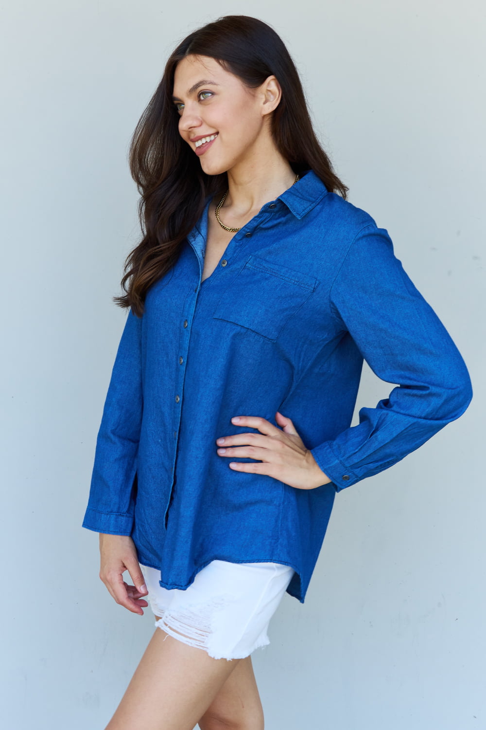 Blue Jean Baby Denim Button Down Shirt Top in Dark Blue