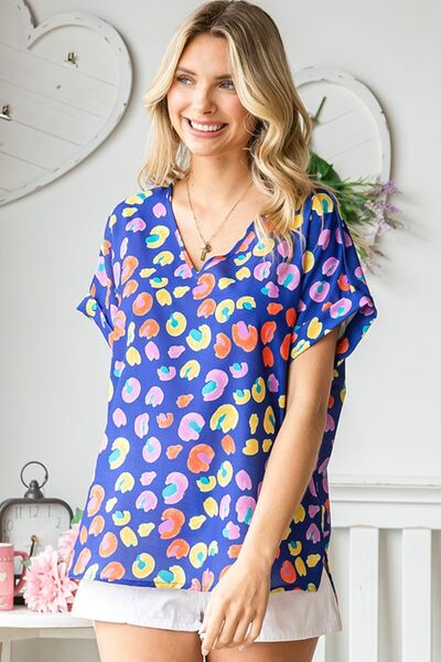 Printed V-Neck Short Sleeve Blouse