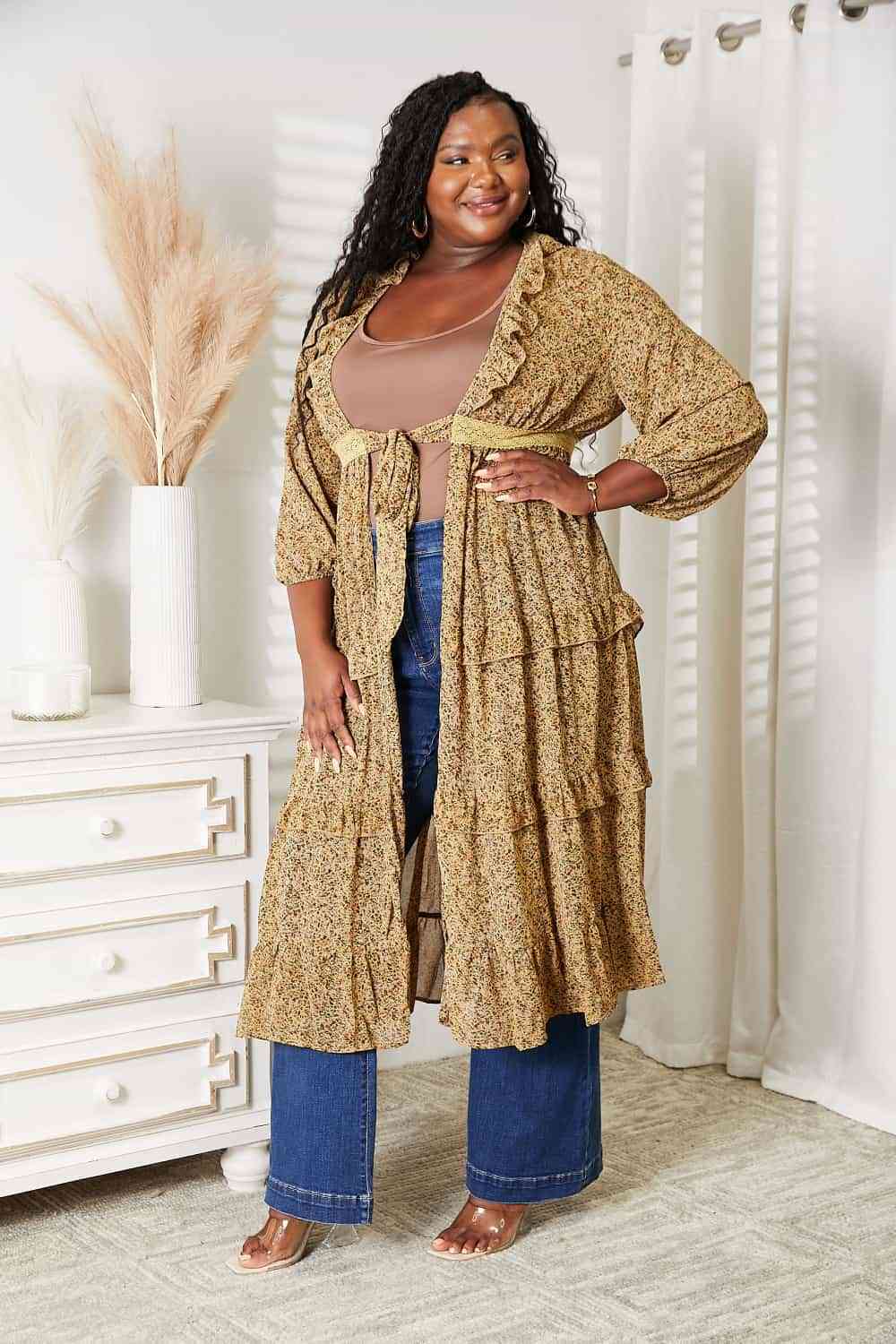 Tie Front Ruffled Duster Cardigan