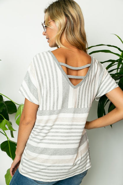 PLUS STRIPE LACE UP BACK NECK TOP