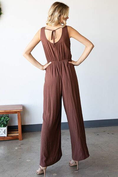 Tie Back Sleeveless Slit Wide Leg Jumpsuit