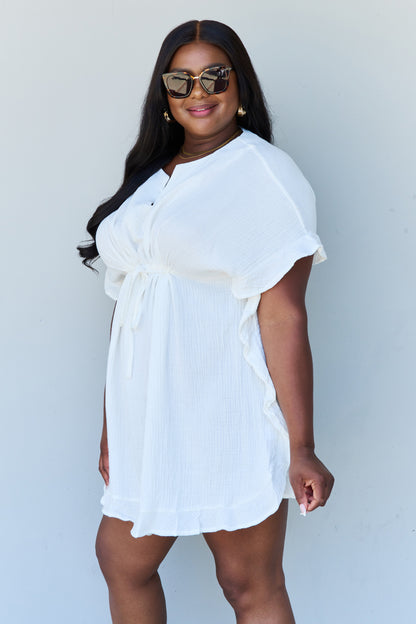 Out Of Time Ruffle Hem Dress with Drawstring Waistband in White