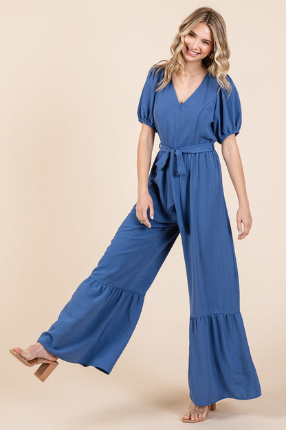 V-Neck Belted Wide Leg Jumpsuit