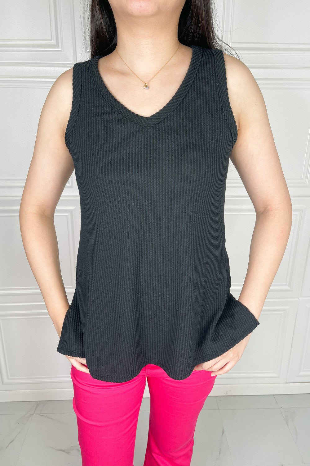 Ribbed V-Neck Tank in Black