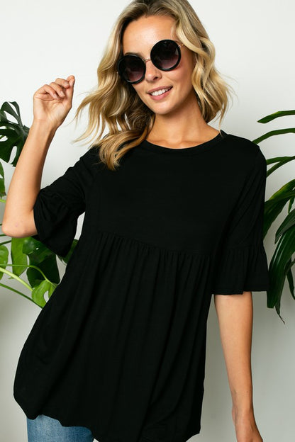 PLUS SOLID RUFFLE SLEEVE LOOSE TOP