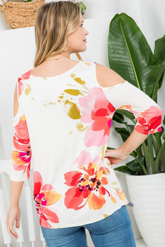 PLUS FLORAL COLD SHOULDER TOP