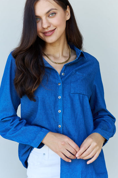 Blue Jean Baby Denim Button Down Shirt Top in Dark Blue