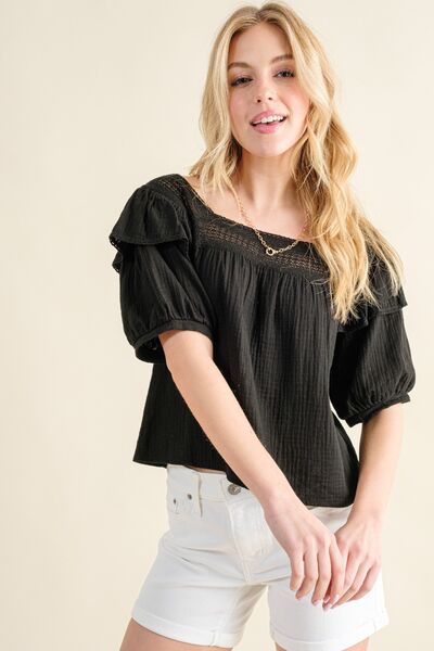 Square Neck Cotton Gauze Ruffled Blouse