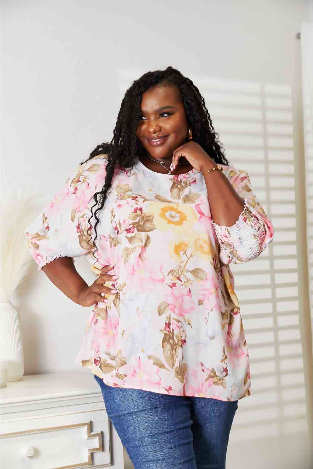 Floral Round Neck Three-Quarter Sleeve Top