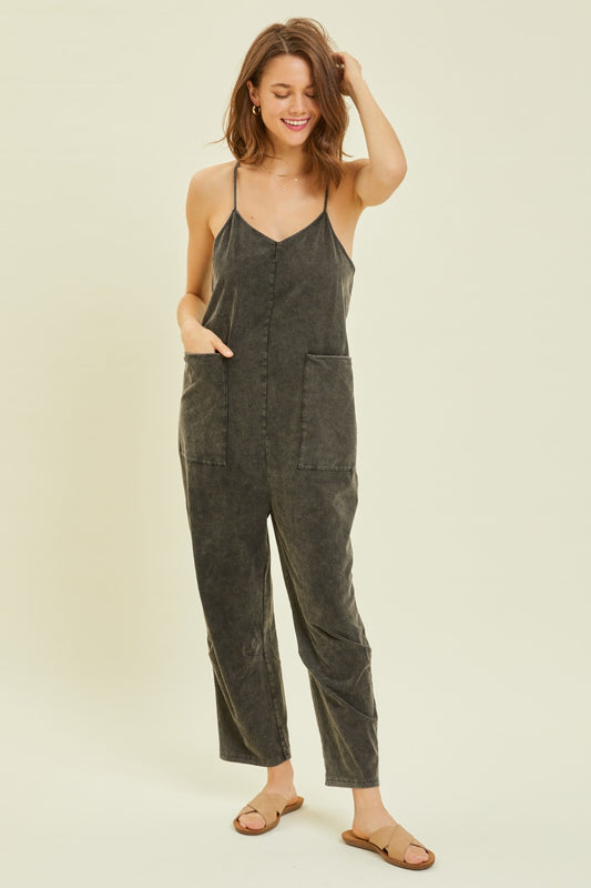 Mineral-Washed Oversized Jumpsuit with Pockets