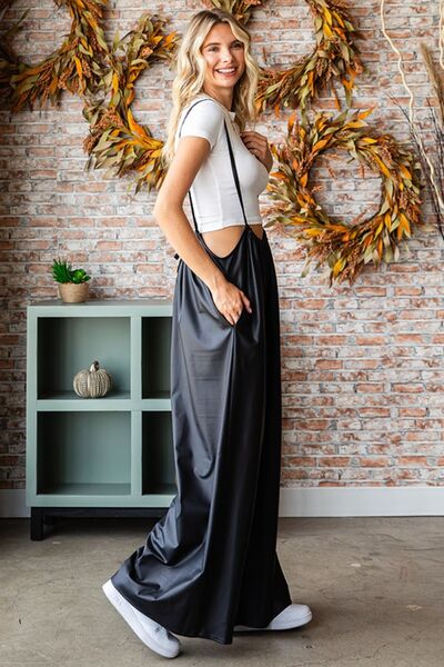 Drawstring Back Spaghetti Strap Wide Leg Overalls