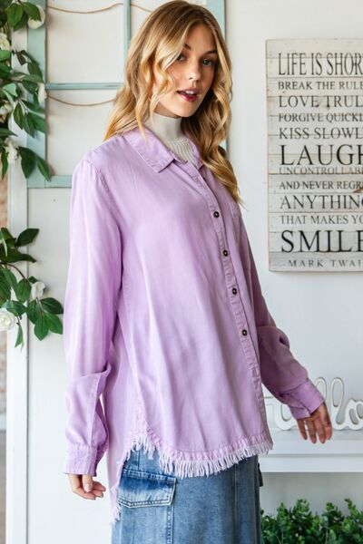 Raw Hem Button Up Long Sleeve Shirt